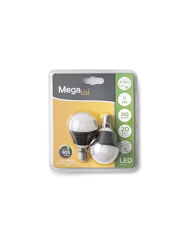 Compra Bombilla led esferica mini (pack 2 unidades) e14 luz calida 310lm 4,5w MEGALED GIG14E-G45WP2 al mejor precio