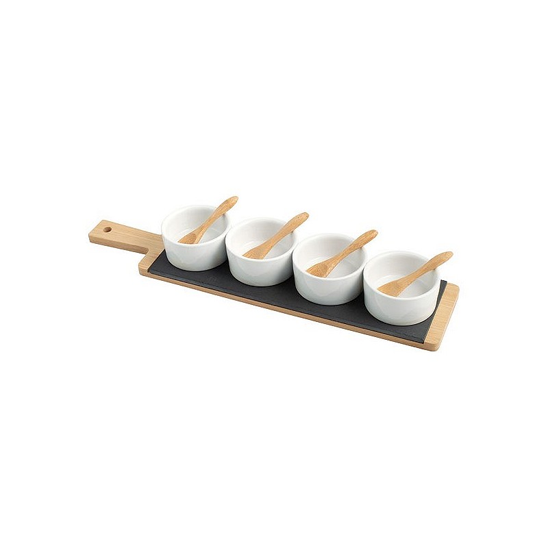 Compra Set aperitivo pizarra bambu rectangular 40x9cm bols blancos 9737300 al mejor precio