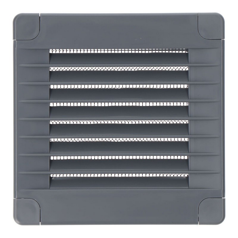 Rejilla ventilación cuadrada con tapones y mosquitera 100x100x7mm abs gris