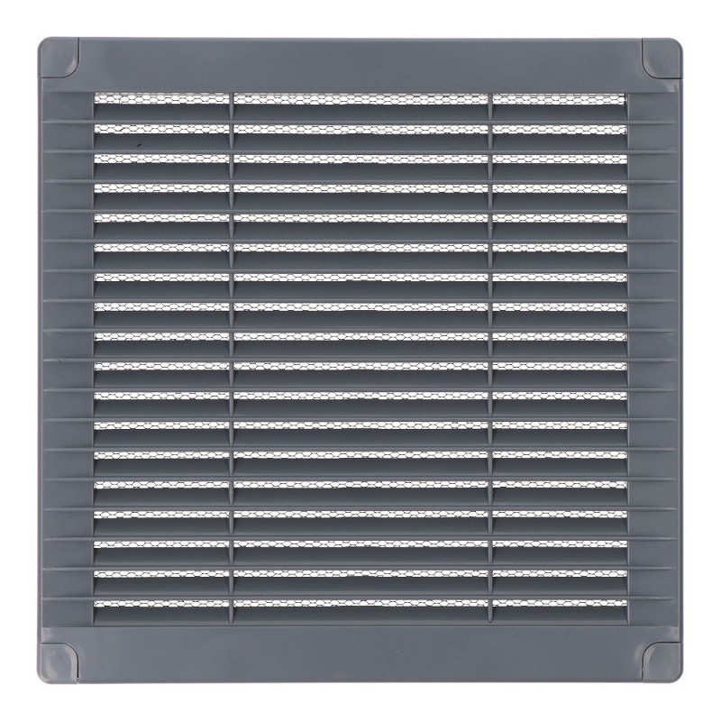 Rejilla ventilación cuadrada con tapones y mosquitera 200x200x7mm abs gris