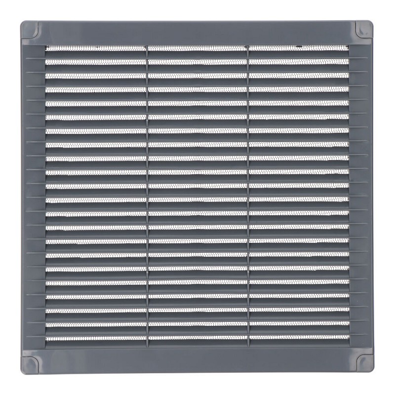 Rejilla ventilación cuadrada con tapones y mosquitera 250x250x7mm abs gris