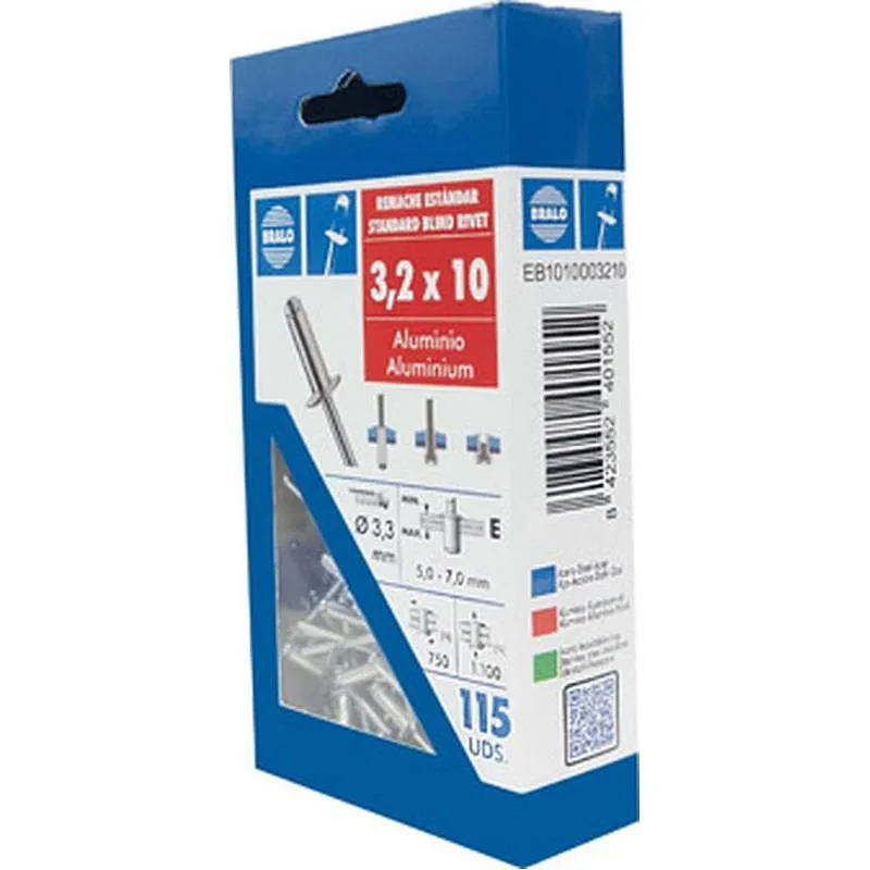 Compra REMACHE ESTANDAR CABEZA ALOMADA diametro 3,2 X 10 MM, ALUMINIO/ACERO 115 UDS BRALO EB1010003210 al mejor precio