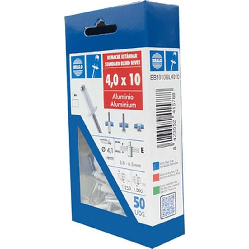 Compra REMACHE ESTANDAR CABEZA ALOMADA diametro 4,0 X 10 MM, ALUMINIO/ACERO L. BLANCO 50 UDS BRALO EB1010BL4010 al mejor precio