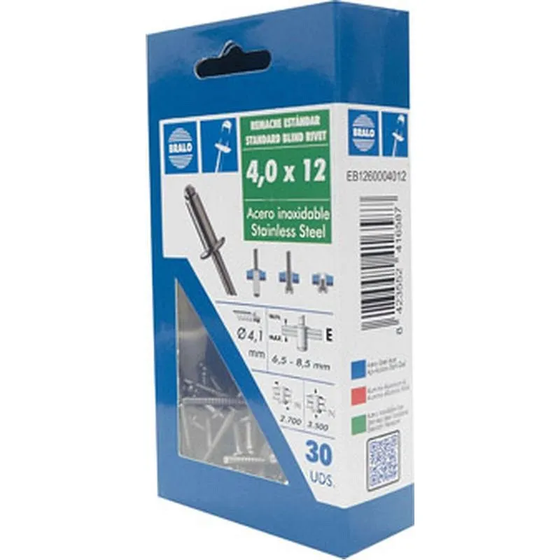 Compra REMACHE ESTANDAR CABEZA ALOMADA diametro 4,0 X 12 MM, INOX/INOX 30 UDS BRALO EB1260004012 al mejor precio
