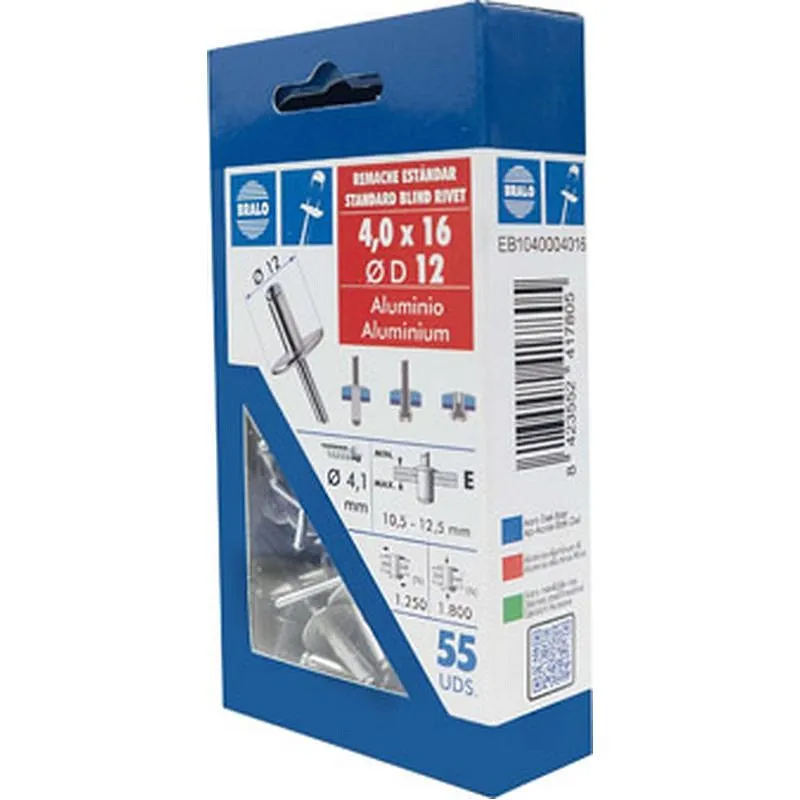 Compra REMACHE ESTANDAR CABEZA ALOMADA C.12 diametro 4,0 X 16 MM, ALUMINIO/ACERO 55 UDS BRALO EB1040004016 al mejor precio