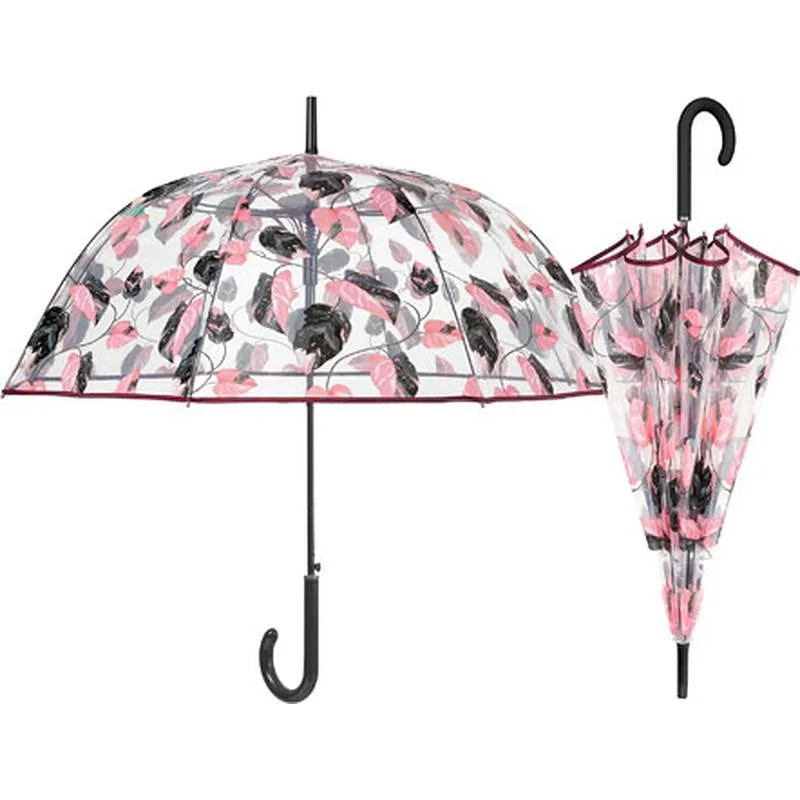 Compra PARAGUAS MUJER LARGO AUTOMATICO HOJAS ROSA/NEGRO TRANSPARENTE CUATRO GOTAS 26390 al mejor precio
