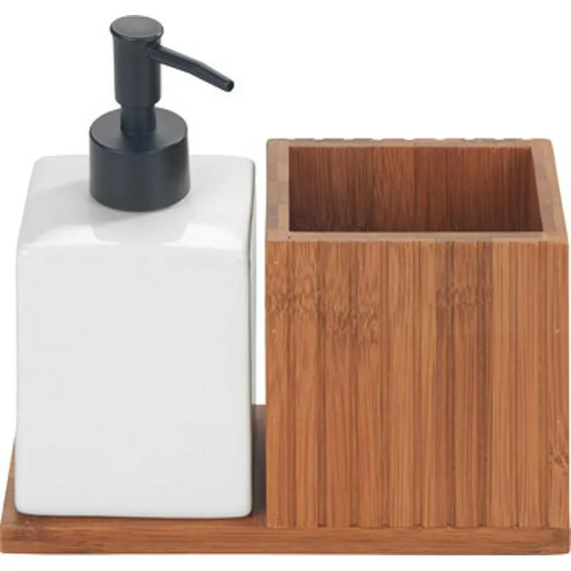 Compra DOSIFICADOR JABON MERA + PORTACEPILLO BAMBU, CERAMICAMICA BLANCO WENKO 54944100 al mejor precio