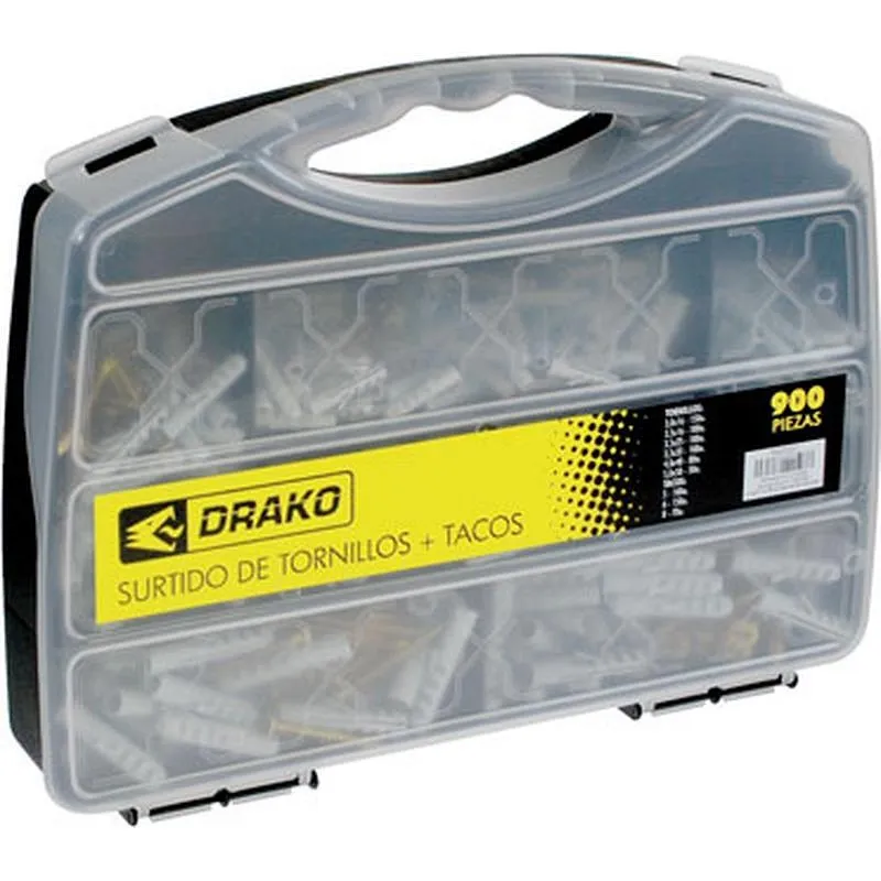 Compra MALETIN CON TORNILLOS SURTIDOS + TACOS diametro 5, 6 Y 8 MM CONTIENE 900 PIEZAS DRAKO 5493000000900 al mejor precio
