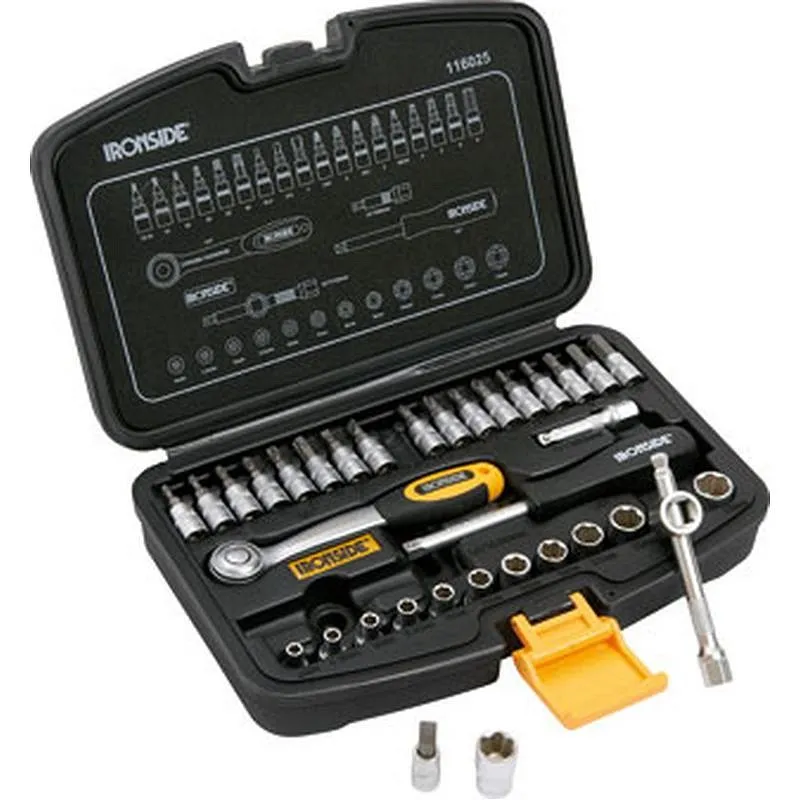 Compra MALETIN PROFESIONAL 35 PIEZAS 1/4" CROMO VANADIO LLAVE ERGONOMICA DE 72 DIENTES IRONSIDE 116025 al mejor precio