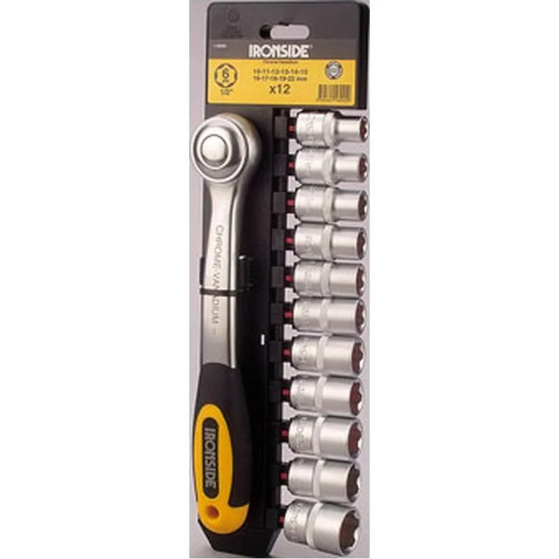 Compra LLAVE CARRACA PROFESIONAL DE 52 DIENTES CON 11 VASOS, MANGO BICOMPONENTE IRONSIDE 116040 al mejor precio