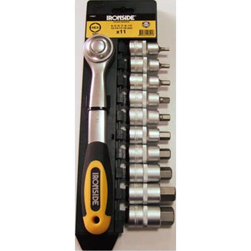 Compra LLAVE CARRACA PROFESIONAL DE 52 DIENTES CON 10 VASOS, MANGO BICOMPONENTE IRONSIDE 116041 al mejor precio