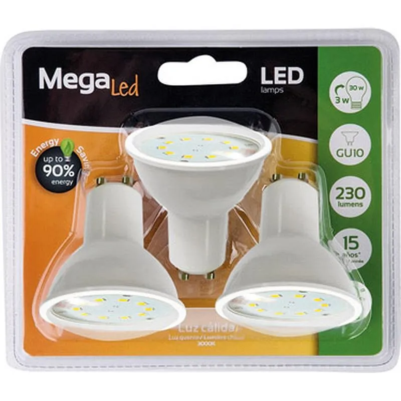 Compra BOMBILLA LED DICROICA (PACK 3 UNIDADES) GU10 LUZ CALIDA 290LM 3W MEGALED GIG10GU-PL-30WP3 al mejor precio