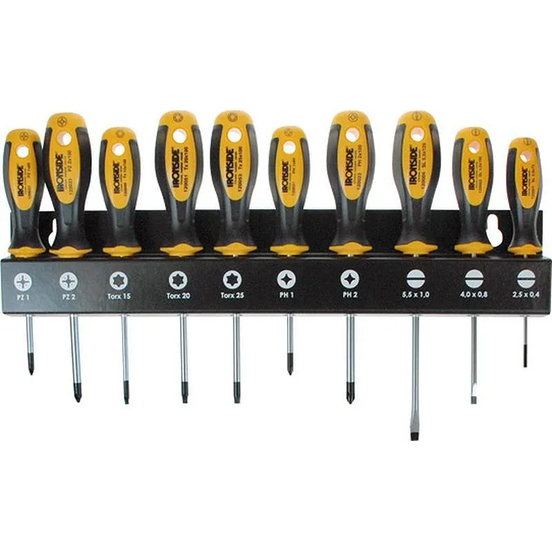 Compra DESTORNILLADOR JUEGO 10 PIEZAS CON SOPORTE METAL BOCAS 3 PL / 2 PH / 2 PZ / 3 TORX IRONSIDE 100681 al mejor precio