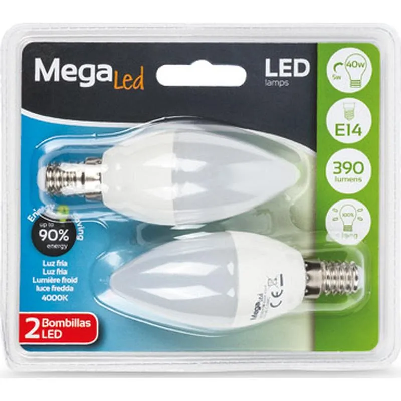 Compra BOMBILLA LED VELA (PACK 2 UNIDADES) E14 LUZ NEUTRA 390LM 5W MEGALED GIG14E-C-50NP2 al mejor precio