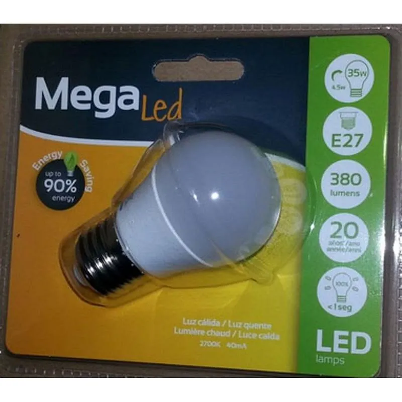 Compra BOMBILLA LED ESFERICA E27 LUZ CALIDA 380LM 7W MEGALED GIG27E-P45-70W al mejor precio