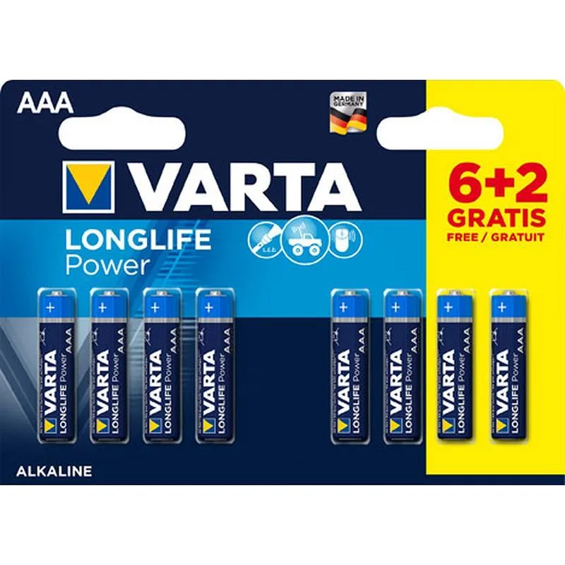 Compra PILA ALCALINA LONG LIFE LR03 AAA 6 + 2 UNIDADES VARTA 4903121428 al mejor precio