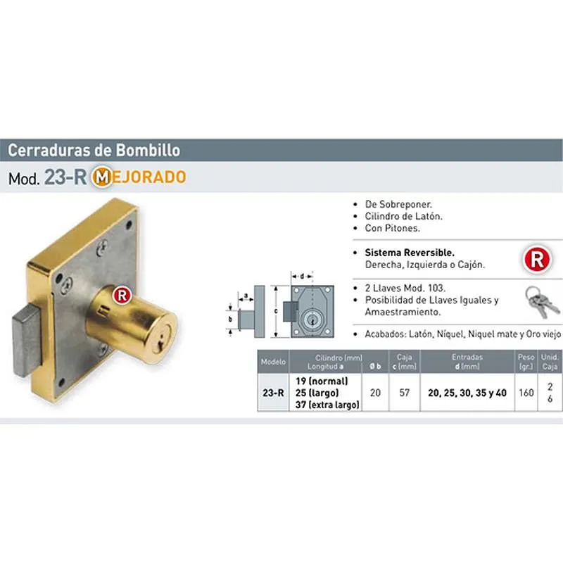 Compra CERRADURA 23R/30MM SOBREPONER MUEBLE BOMBILLO 16 MM LATONADA URKO 7103030 al mejor precio