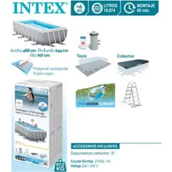 PISCINA RECTANGULAR DESMONTABLE PRIS FRAME 10.874 L DEPURADORA CARTUCHO TIPO A 488X244X107CM INTEX 55212