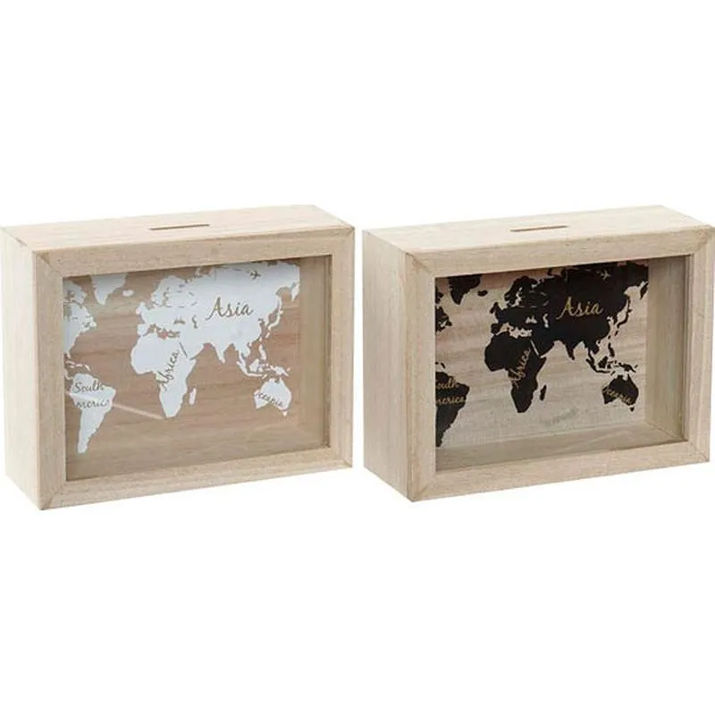 Compra HUCHA MADERA CRISTAL 20 X 15 X 6,5 CM MAPA MUNDI SURTIDO LD164703 al mejor precio