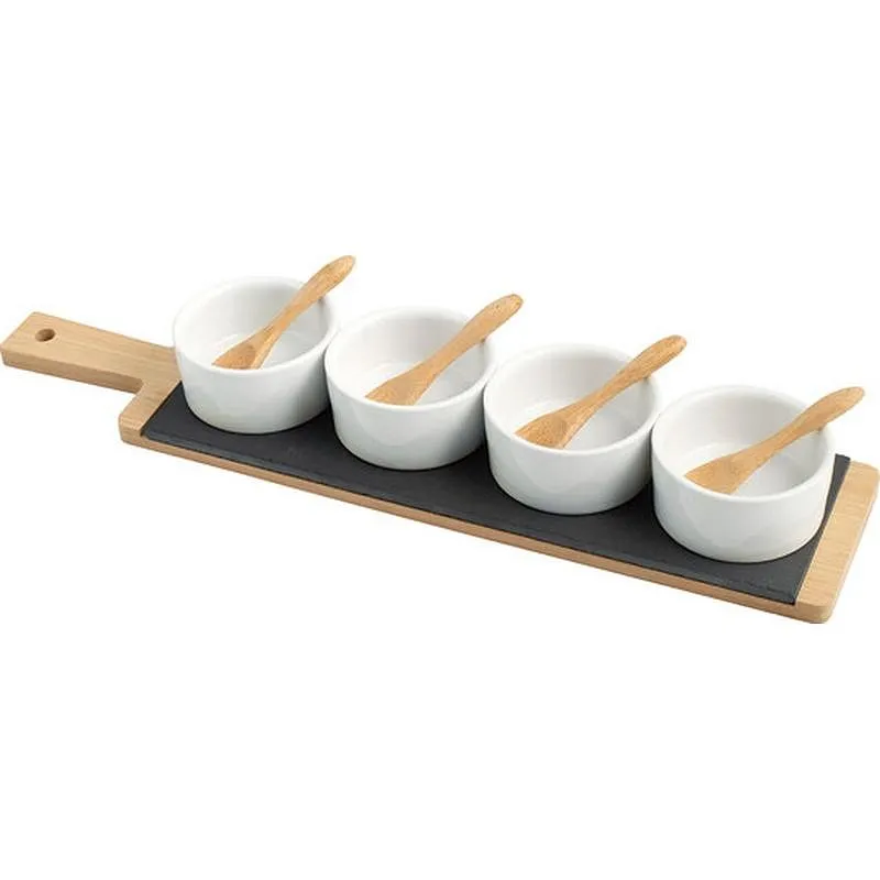 Compra SET APERITIVO PIZARRA BAMBU RECTANGULAR BOLS BLANCOS 40 X 9CM 9737300 al mejor precio