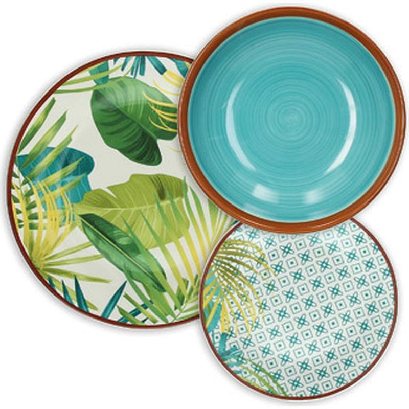 VAJILLA PORCELANA STONEWARE DECORADA 18 PZAS JUNGLE MIX TOG14