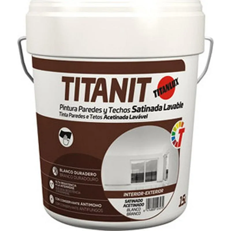 Compra PINTURA PLASTICA INTERIOR EXTERIOR TITANIT SATINADO 15 L BLANCO TITAN 12200015/5805892 al mejor precio