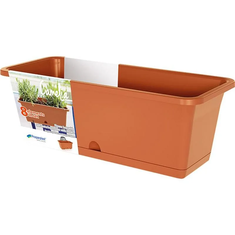 Compra JARDINERA BALCON RECTANGULAR CON GANCHO Y PLATO CAMELIA TERRACOTA 60X17X14 CM VAM DCM600W-R624 al mejor precio