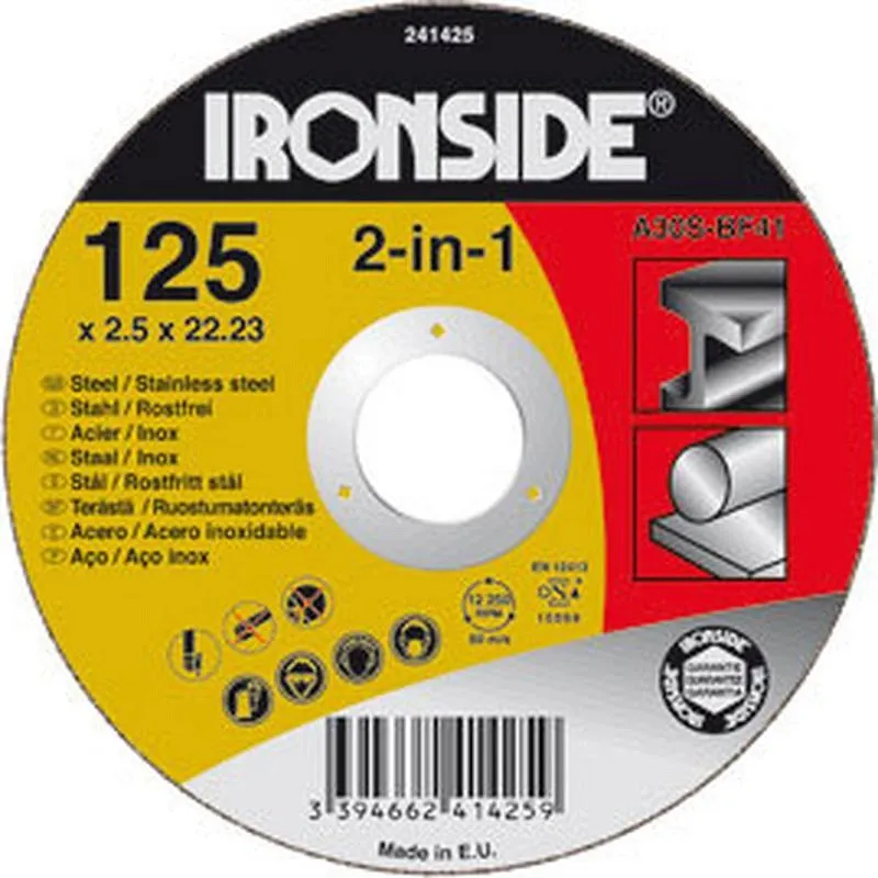 Compra DISCO CORTE 2 EN 1 PARA METAL Y ACERO INOX diametro 125 X 2,5 X 22 MM IRONSIDE 241425 al mejor precio