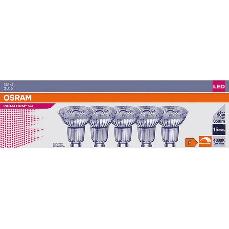 Compra BOMBILLA GU10 4,5W/350LM 4000K OSRAM PACK 5 UNID. LPPAR16D5036 OSRAM 4058075608276 al mejor precio