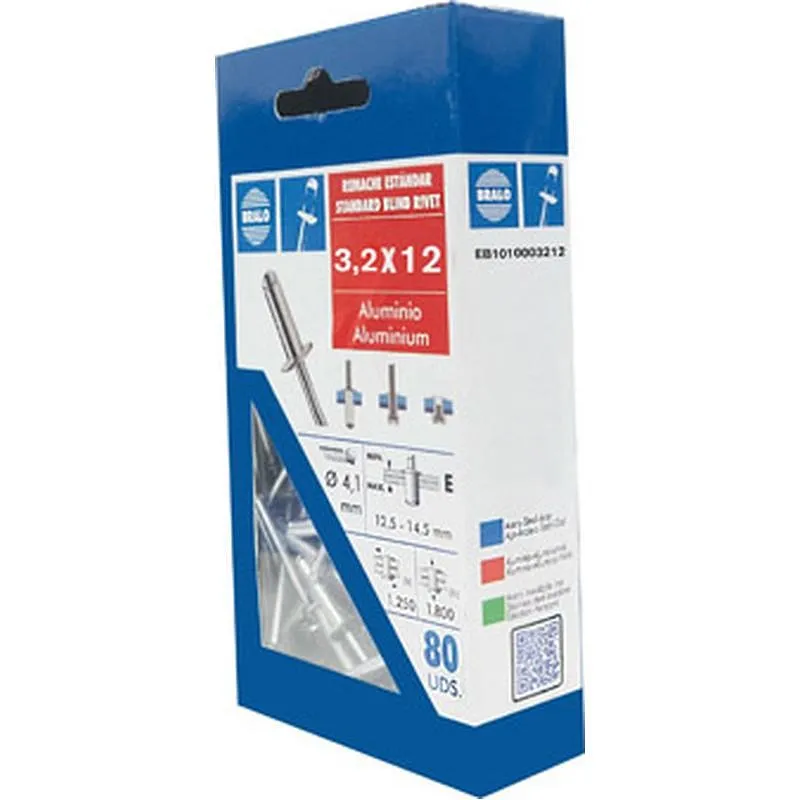Compra REMACHE ESTANDAR CABEZA ALOMADA diametro 3,2 X 12 MM, ALUMINIO/ACERO 105 UDS BRALO EB1010003212 al mejor precio