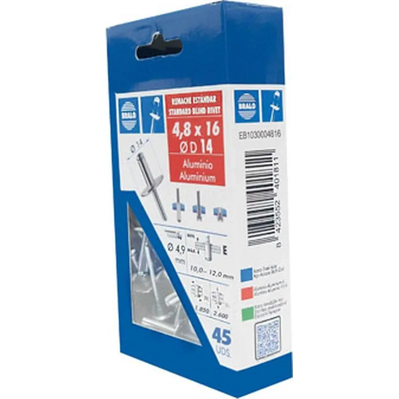 Compra REMACHE ESTANDAR CABEZA ALOMADA C.14 diametro 4,8 X 16 MM, ALUMINIO/ACERO 45 UDS BRALO EB1030004816 al mejor precio