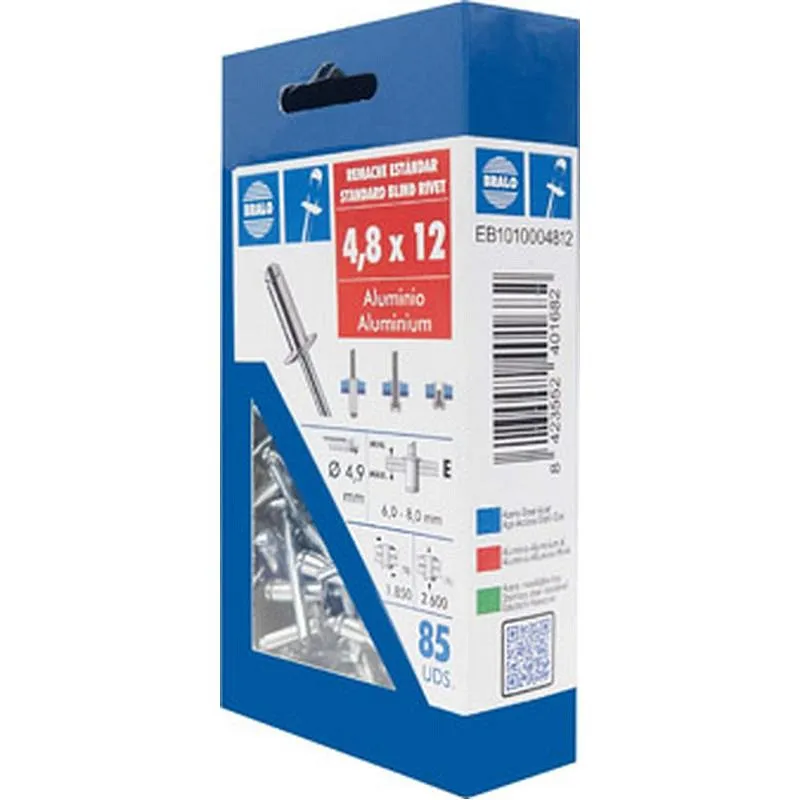 Compra REMACHE ESTANDAR CABEZA ALOMADA diametro 4,8 X 12 MM, ALUMINIO/ACERO 85 UDS BRALO EB1010004812 al mejor precio