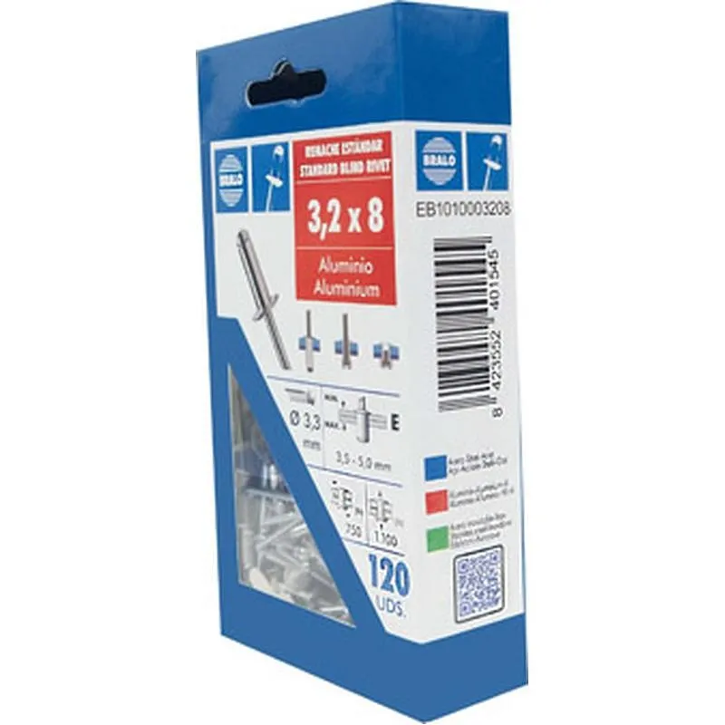 Compra REMACHE ESTANDAR CABEZA ALOMADA diametro 3,2 X 8 MM, ALUMINIO/ACERO 120 UDS BRALO EB1010003208 al mejor precio
