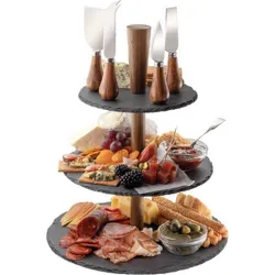 Compra BANDEJA SOPORTE 3 ALTURAS SET PRESENTACION diametro 18CM PIZARRA Y ACACIA + 4 CUCHILLOS QUESO TAYLOR'S SSCS46 al mejor precio