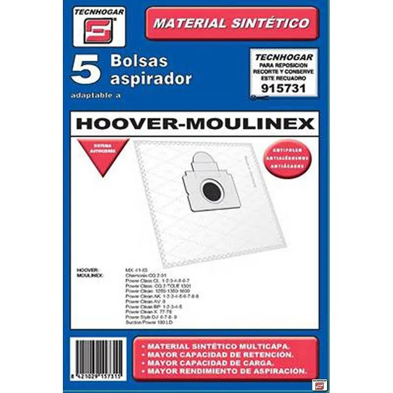 Compra BOLSAS ASPIRADOR HOOVER-MOULINEX 5 UDS TECNHOGAR 915731 al mejor precio
