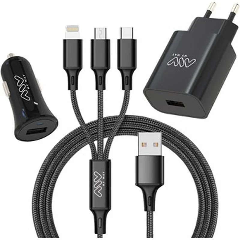 Compra PACK CARGADOR DE COCHE USB+CARGADOR CASA USB+CABLE 3 EN 1 TIPO C NEGRO MUVIT MWPAK0074 al mejor precio