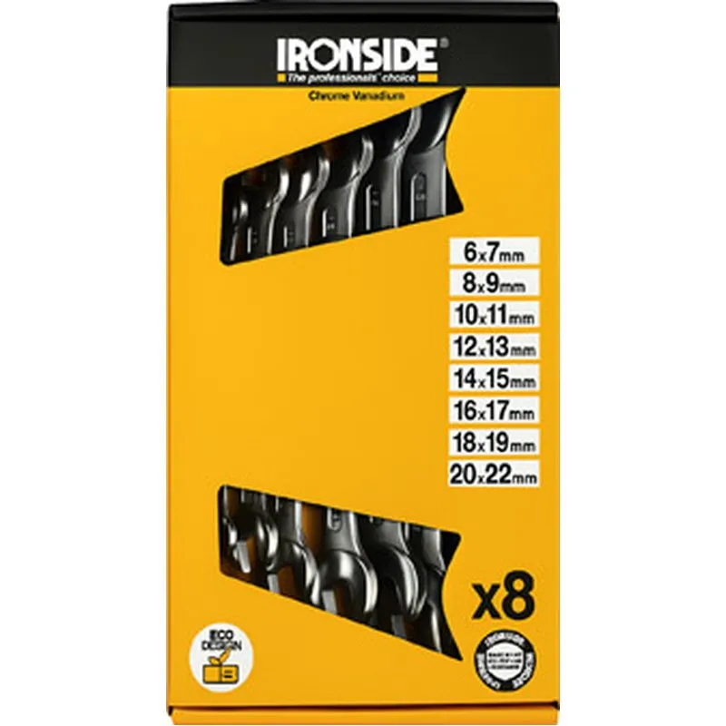 Compra JUEGO LLAVES BOCA DOBLE 8 PIEZAS DE 6X7 A 20X22MM IRONSIDE 103734 al mejor precio