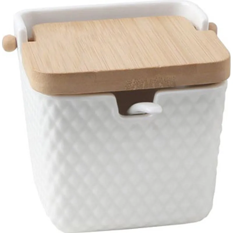 Compra AZUCARERO PORCELANA GRABADA TAPA BAMBU + CUCHARA BLANCO ROMBOS D'CASA 312608 al mejor precio