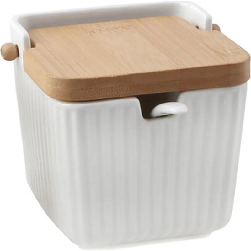 Compra AZUCARERO PORCELANA GRABADA TAPA BAMBU + CUCHARA BLANCO RAYAS D'CASA 312601 al mejor precio