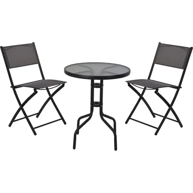 MESA ACERO diametro60 CM + 2 SILLAS PLEGABLES GRIS IMPORT X60000110