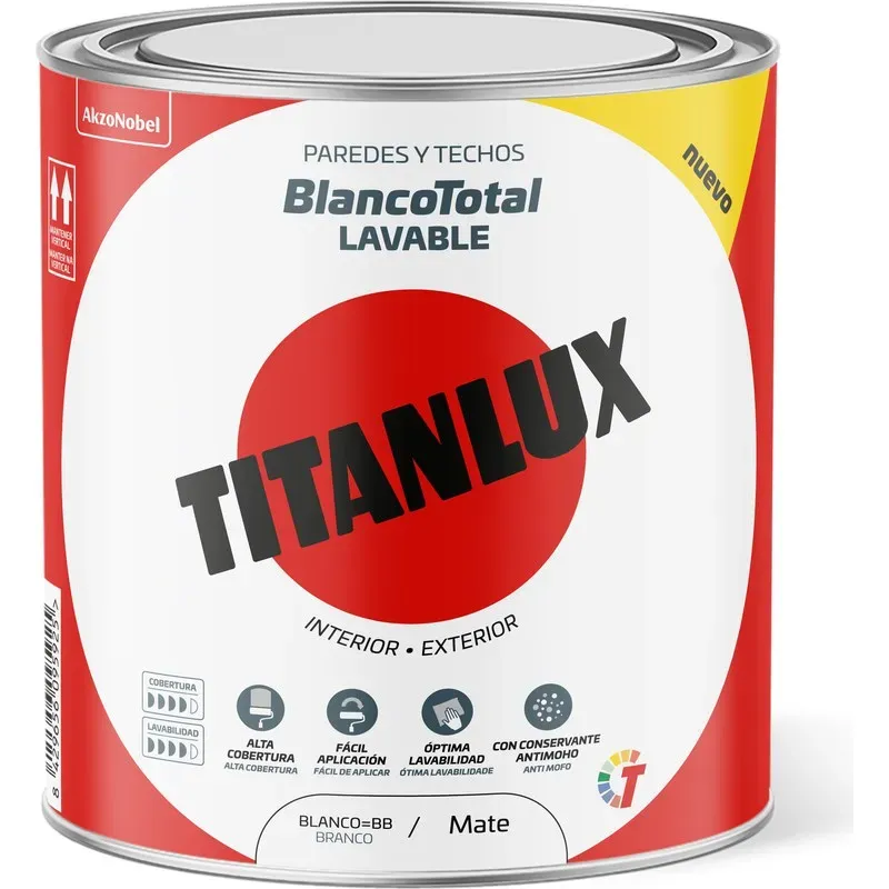 PINTURA PLASTICA INTERIOR EXTERIOR BLANCO TOTAL MATE 750 ML BLANCO TITANLUX 5994377