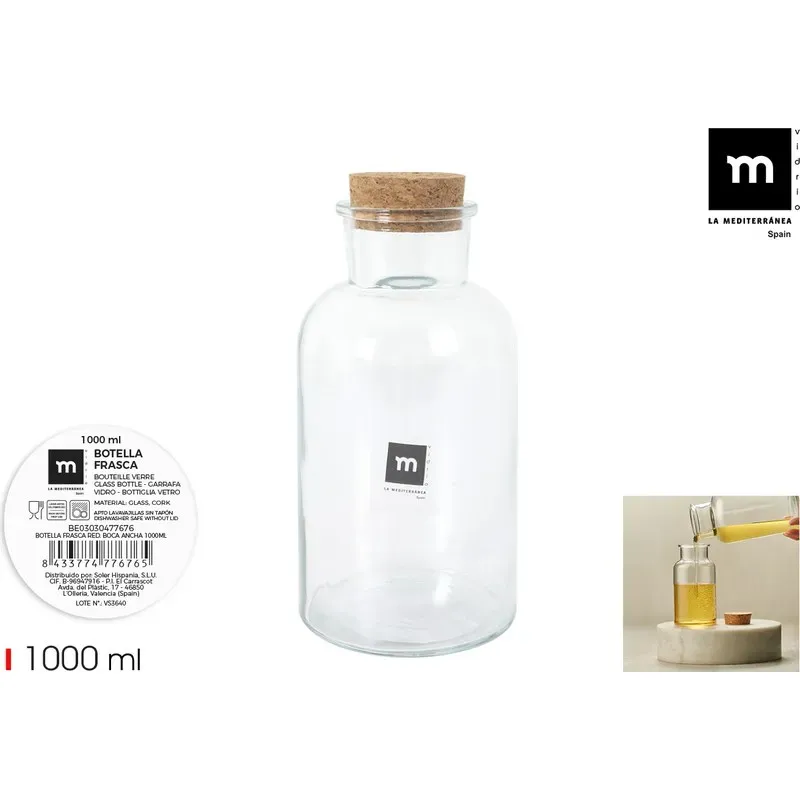 BOTELLA FRASCA BOCA ANCHA TAPA CORCHO 1L TRANSPARENTE LA MEDITERRANEA BE03030477676