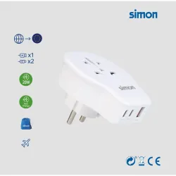 ADAPTADOR ENCHUFE VIAJE UNIVERSAL USB A+ 2 USB C 20W BLANCO EUROPA SIMON CL410103