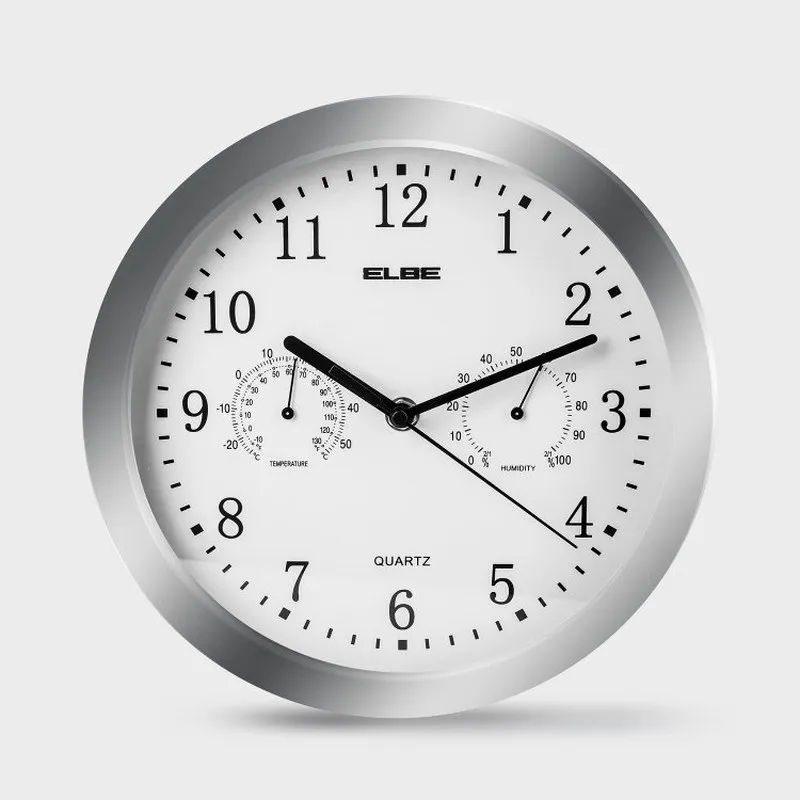 RELOJ CON MEDIDOR TEMPERATURA Y HUMEDAD PLATA 25CM ELBE RP-3005-P