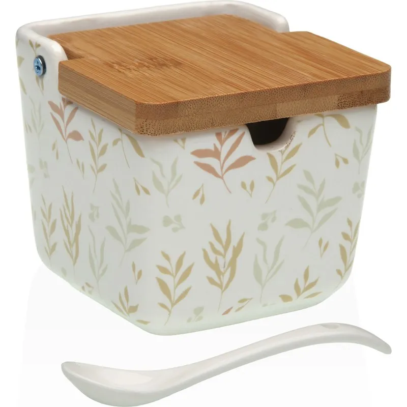 AZUCARERO CERAMICA TAPA BAMBU + CUCHARA BRUMA 8,8X8,8X8,5CM VERSA 21440603