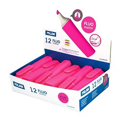 Caja expositora con 12 marcadores fluorescentes color rosa milan