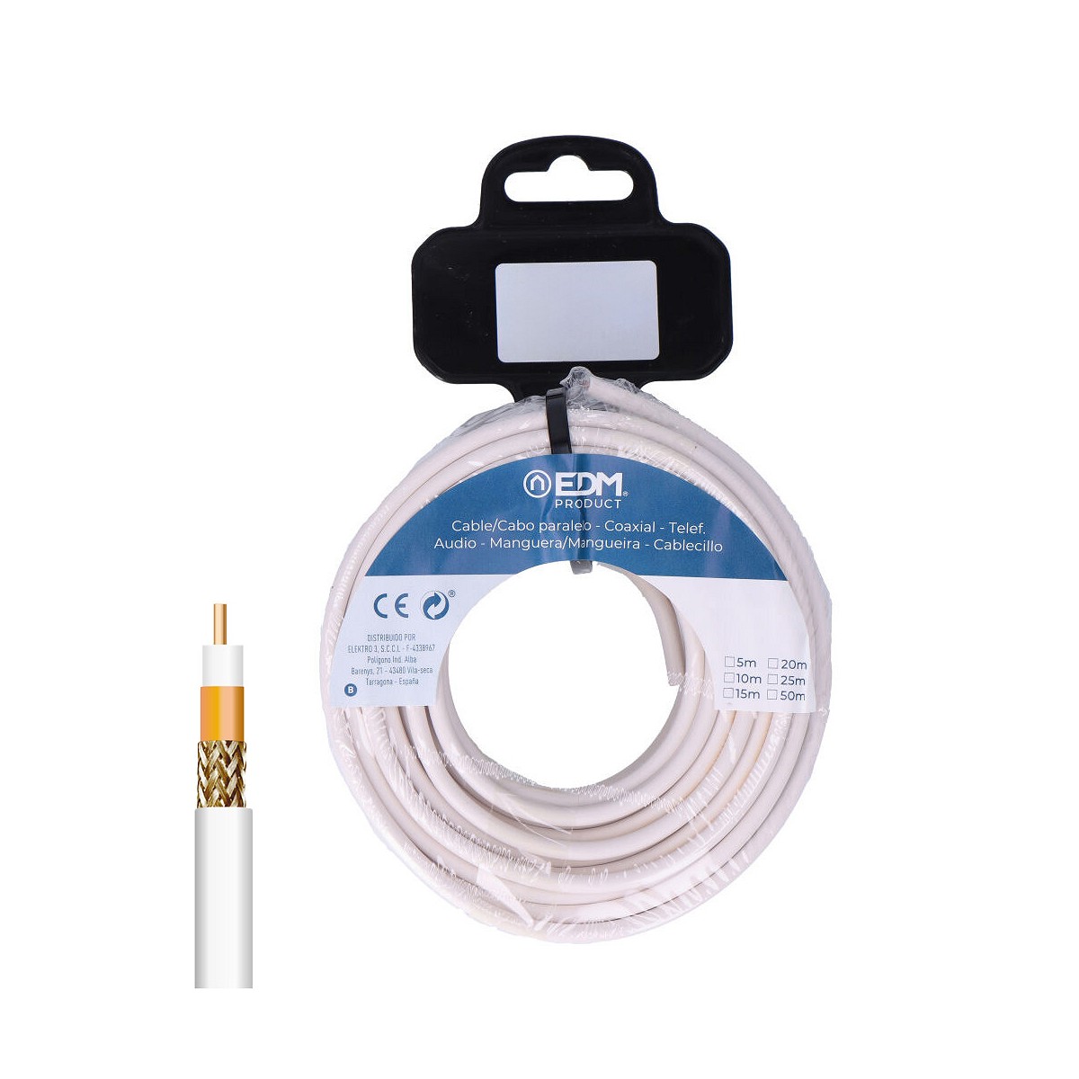 Carrete cable coaxial apantallado 100% cobre 5m edm