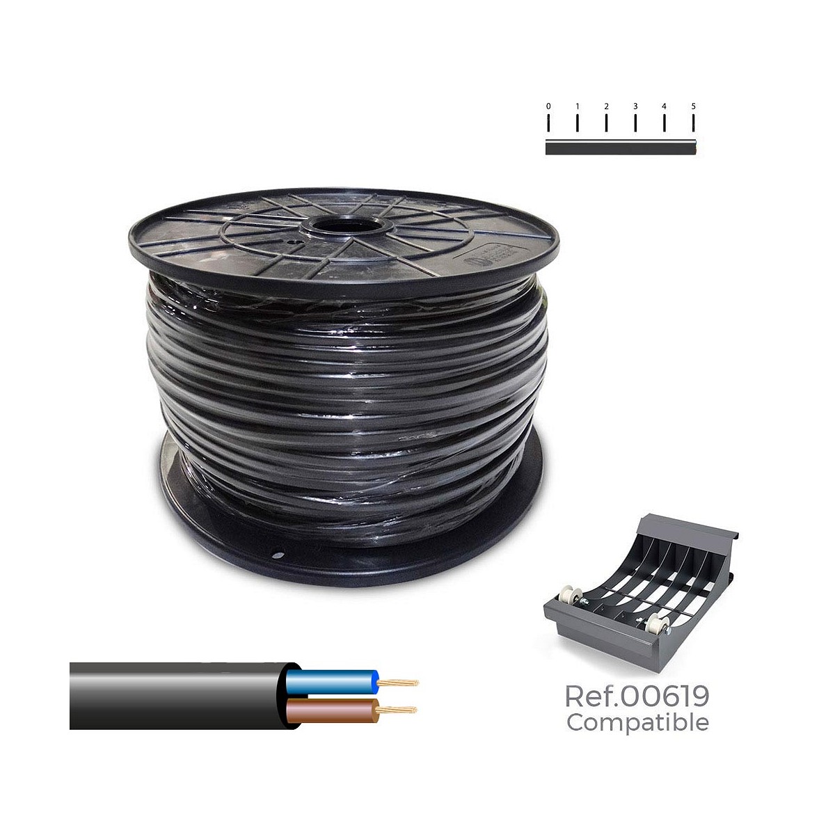 Carrete cable manguera h05vv-f , negra 2x1mm 400m (bobina grande ø400x200mm)