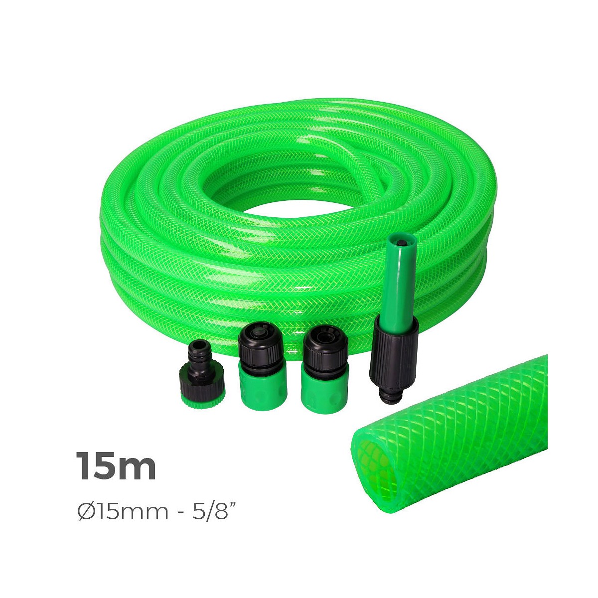 Kit manguera de jardin anti-torsion ø interior 15mm ø exterior 20mm (5/8") - rollo 15m con accesorios edm