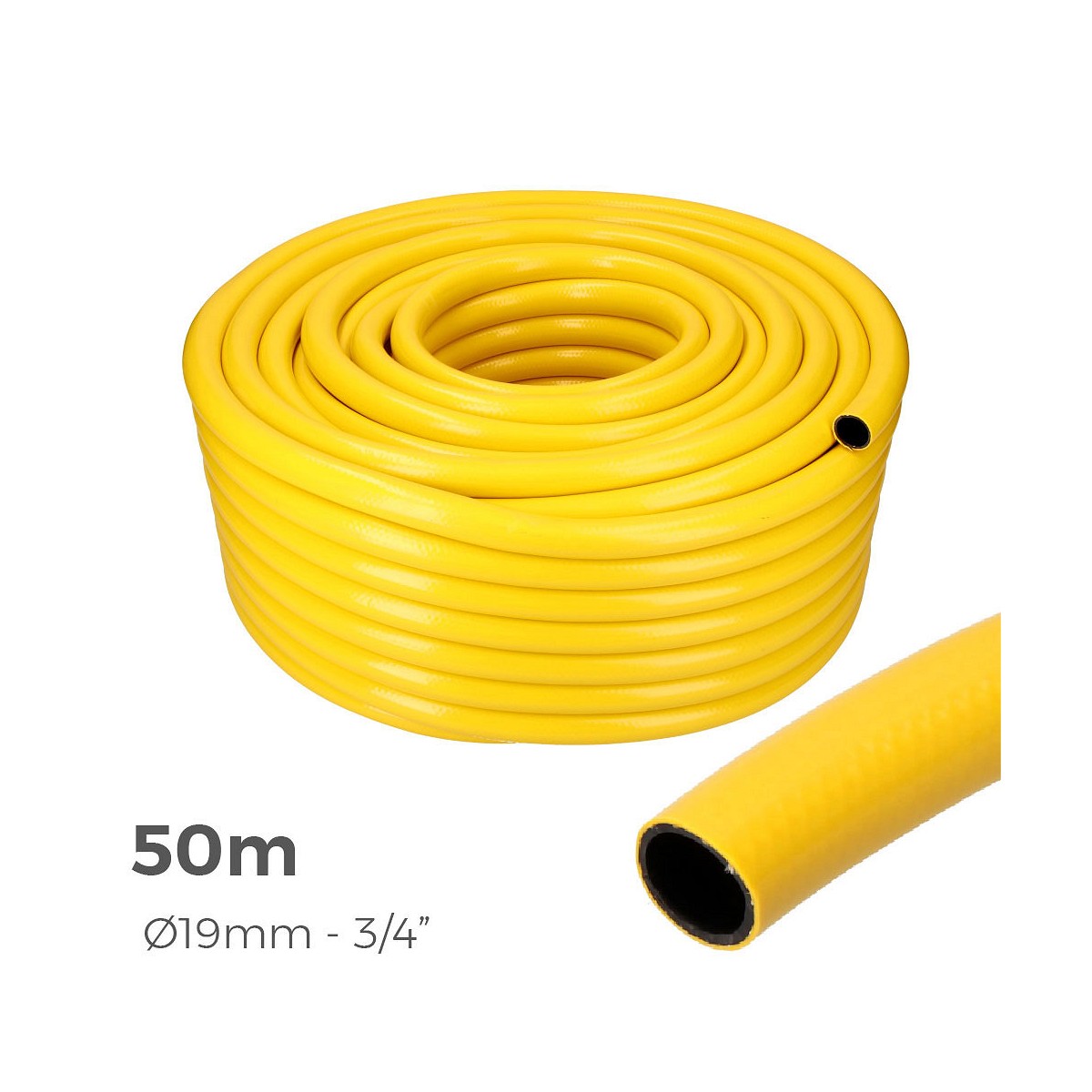 Manguera agricola color amarillo ø interior 19mm ø exterior 25mm (3/4") rollo 50m edm